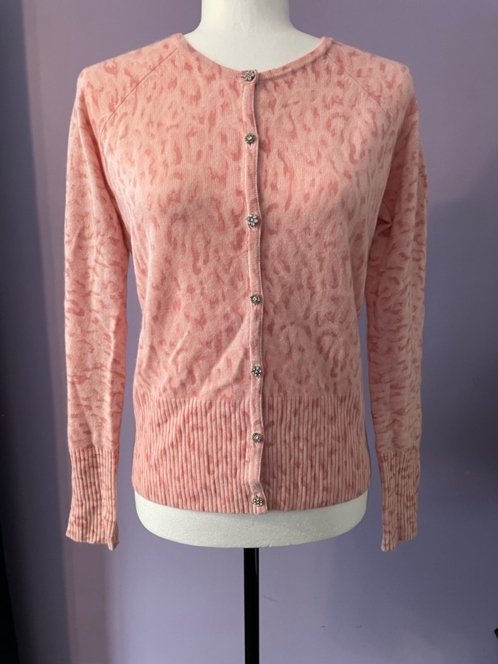 Cashmere Pink Leopard-Print Crystal Button Cardigan